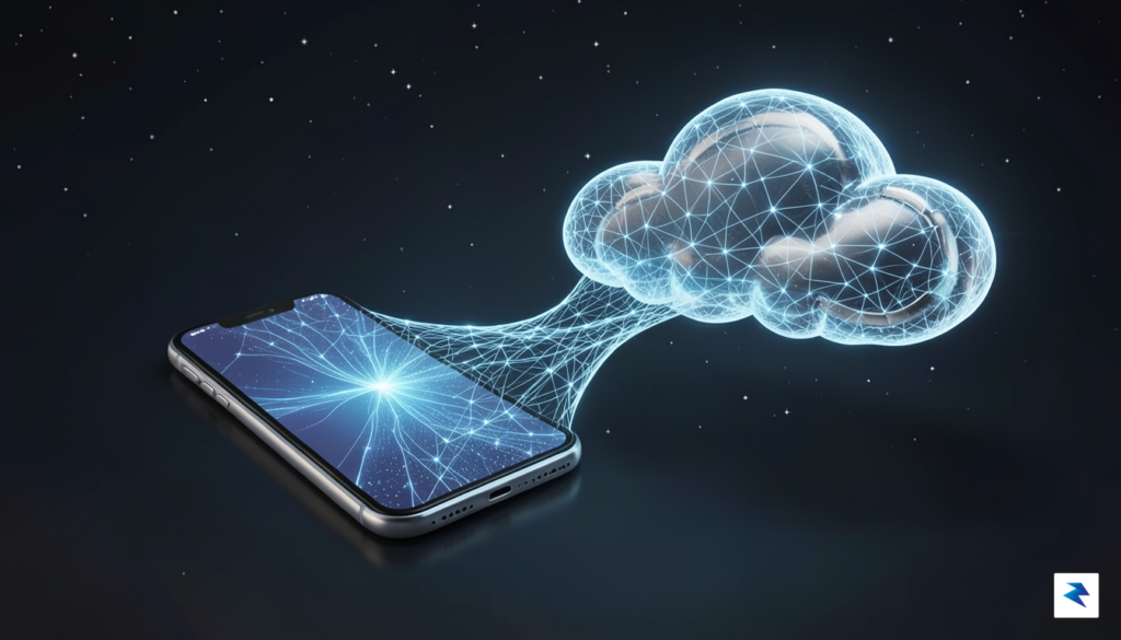 A conceptual 3D render showing a glowing, translucent neural network&hellip;