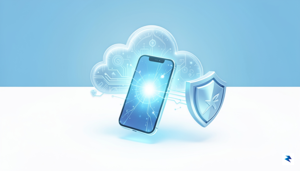 A conceptual digital illustration showing a glowing, translucent iPhone connected&hellip;