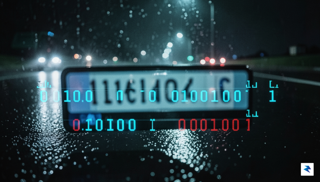 A close-up, high-contrast photograph of a blurred license plate on…