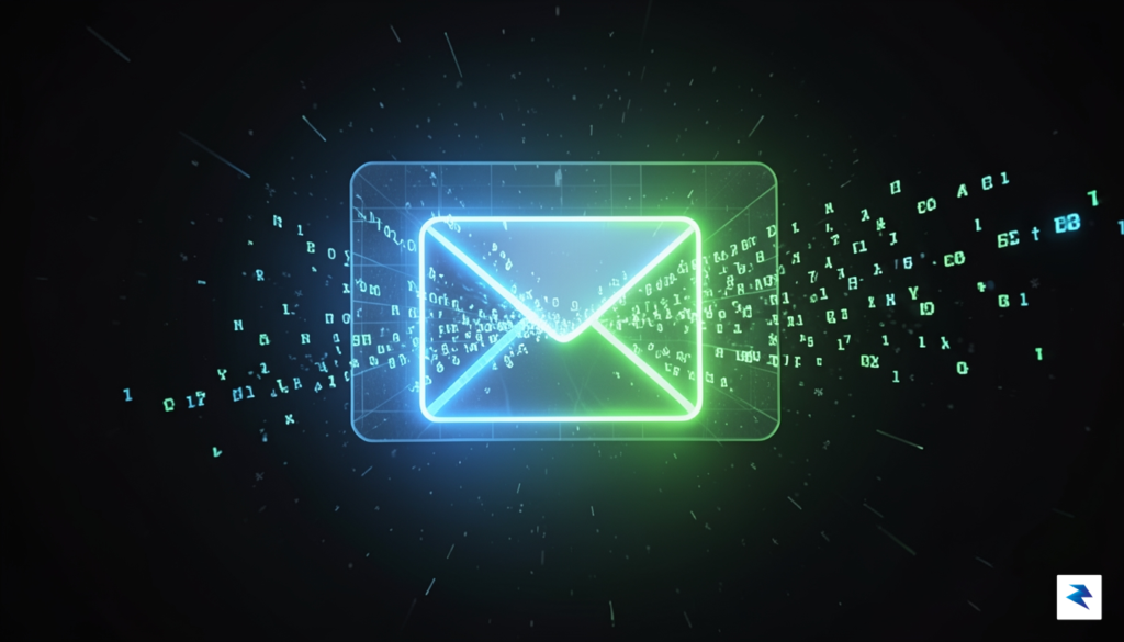 A conceptual digital illustration showing a masked, glowing email icon…