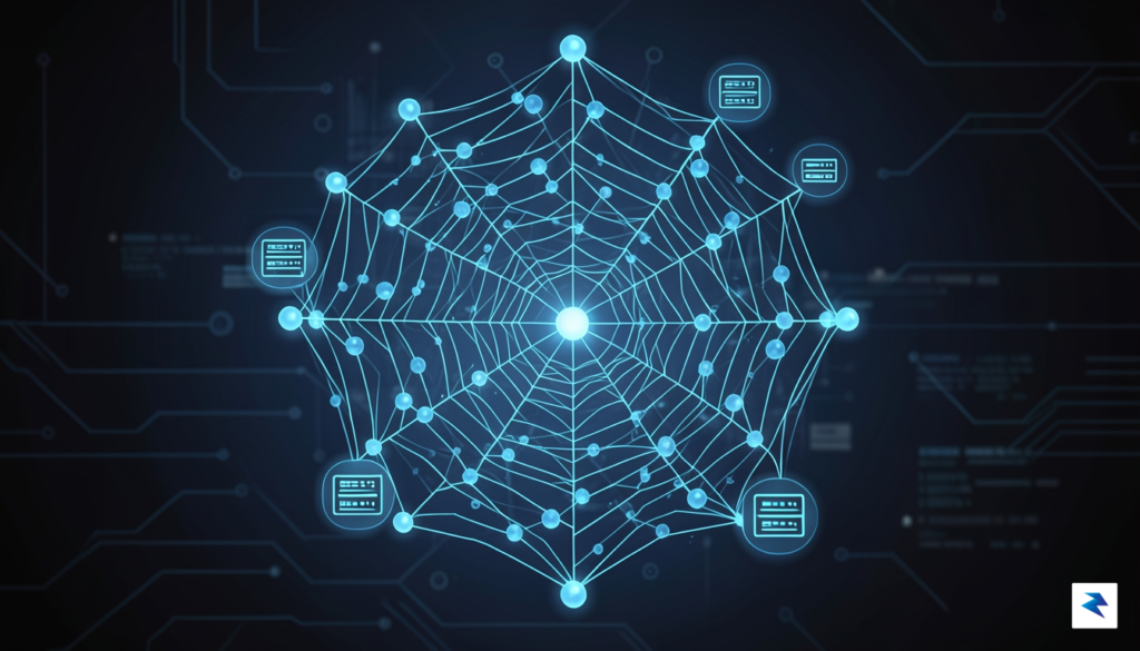 A digital security concept illustration showing a complex spider web…