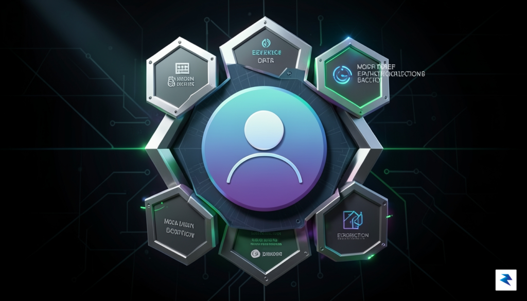 A conceptual digital security illustration showing multiple interlocking geometric shapes…