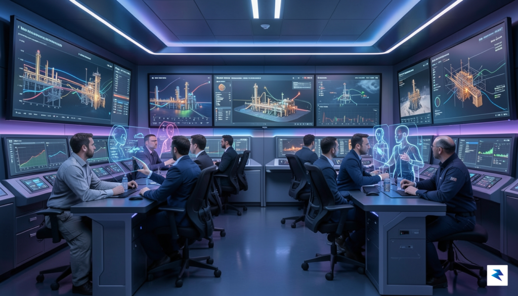 A futuristic control room with multiple large screens displaying complex…