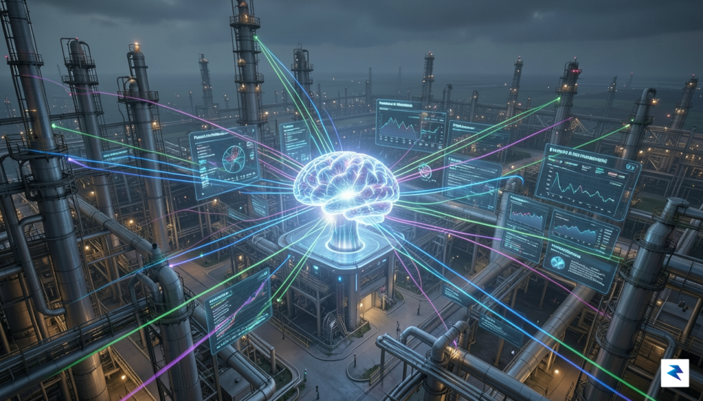 A complex digital representation of an oil and gas plant,…