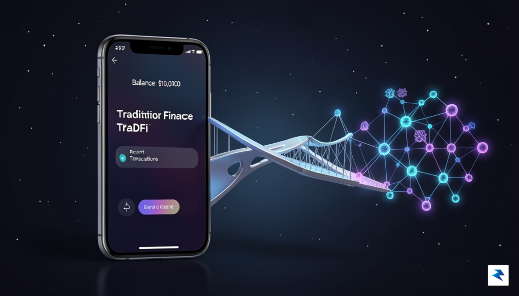 A digital illustration showing a bridge connecting a sleek smartphone…