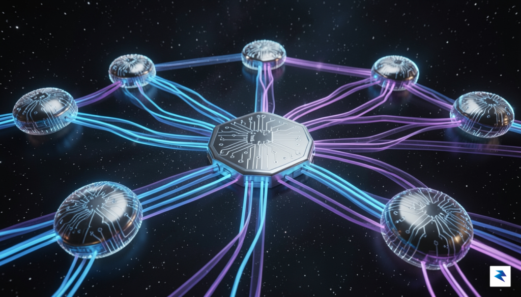 A high-tech, abstract visualization of digital data flowing through a…
