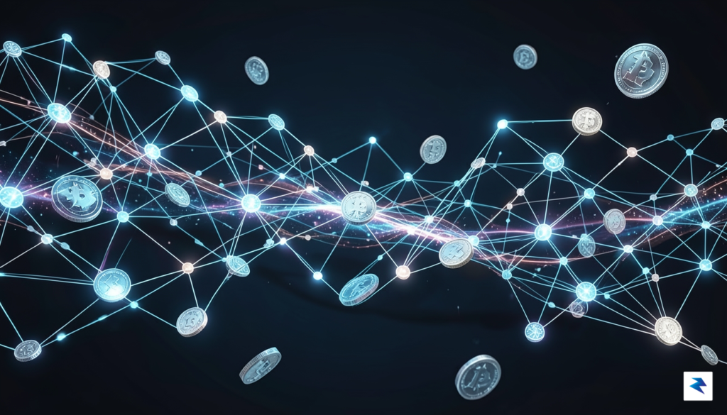 A vibrant, high-tech digital illustration showing a glowing, energetic network…