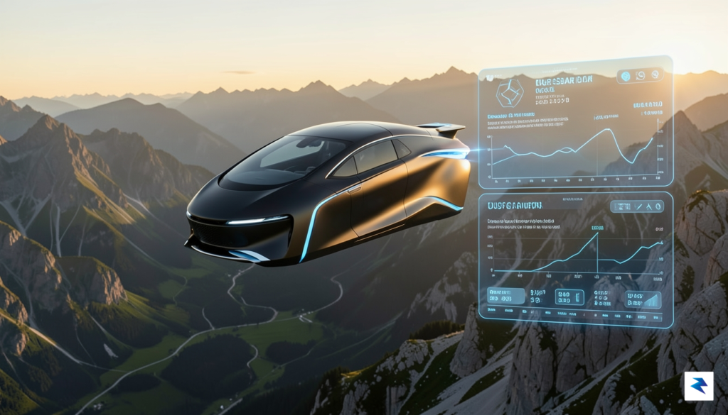 A sleek, futuristic electric air taxi flying over a mountainous…