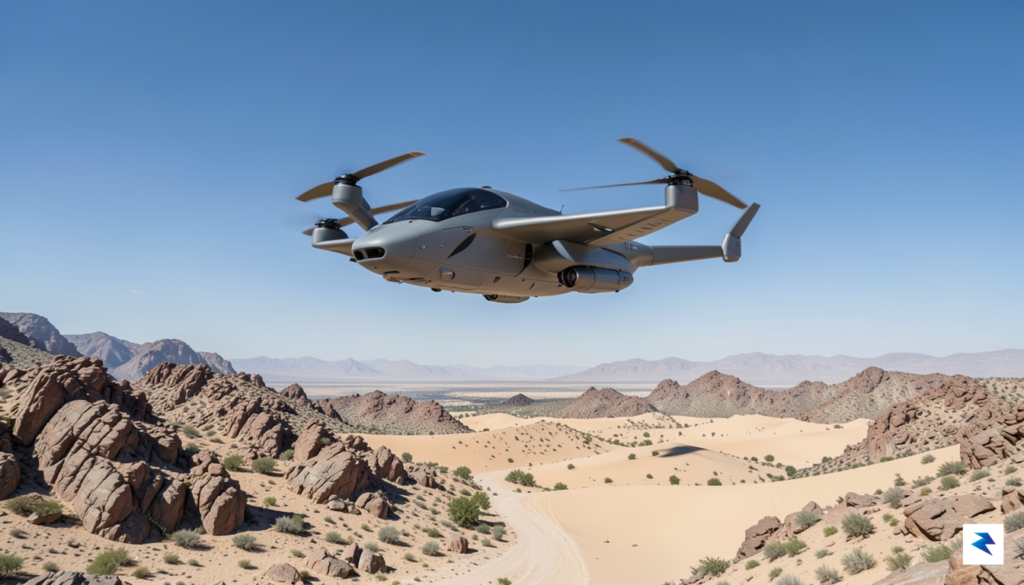 A sleek, stealth-gray eVTOL aircraft flying over a rugged, desert…