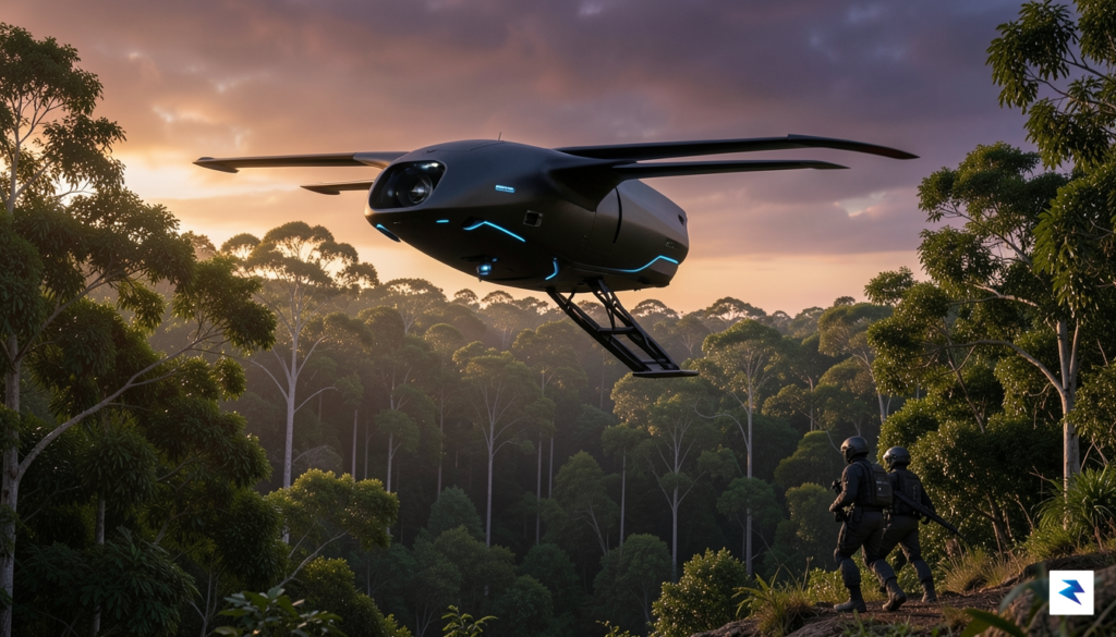 A sleek, futuristic military eVTOL aircraft silently hovering above a…