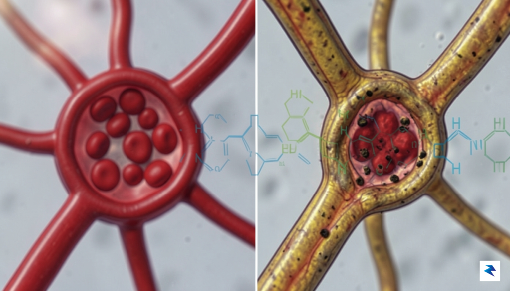 A microscopic view of healthy blood vessels alongside vessels showing&hellip;