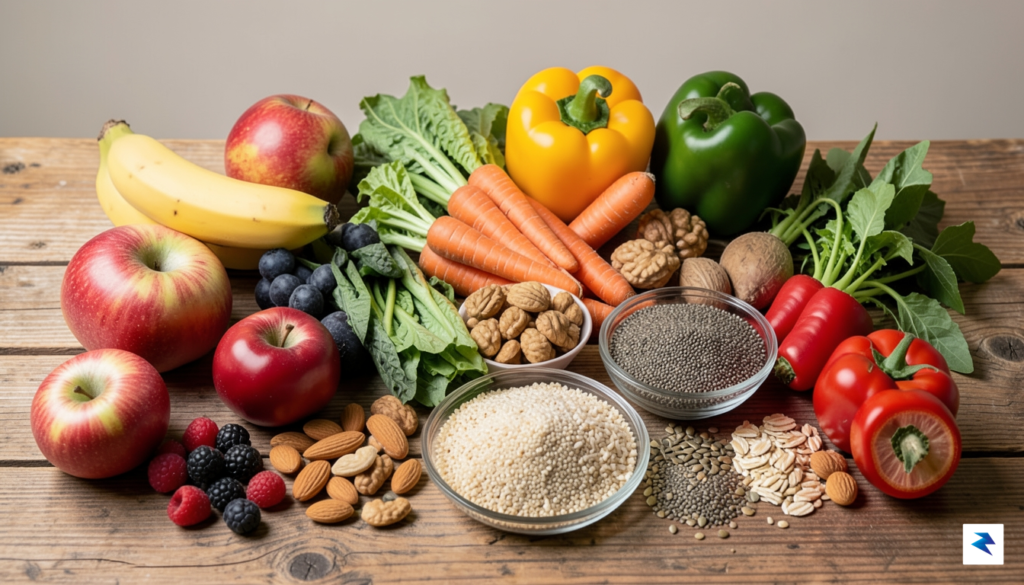 A vibrant flat lay of various whole, unprocessed foods like&hellip;