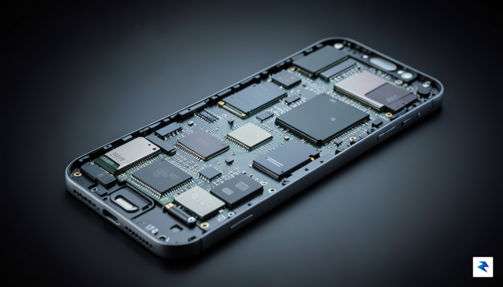 A high-resolution, professional studio shot of a sleek smartphone interior…