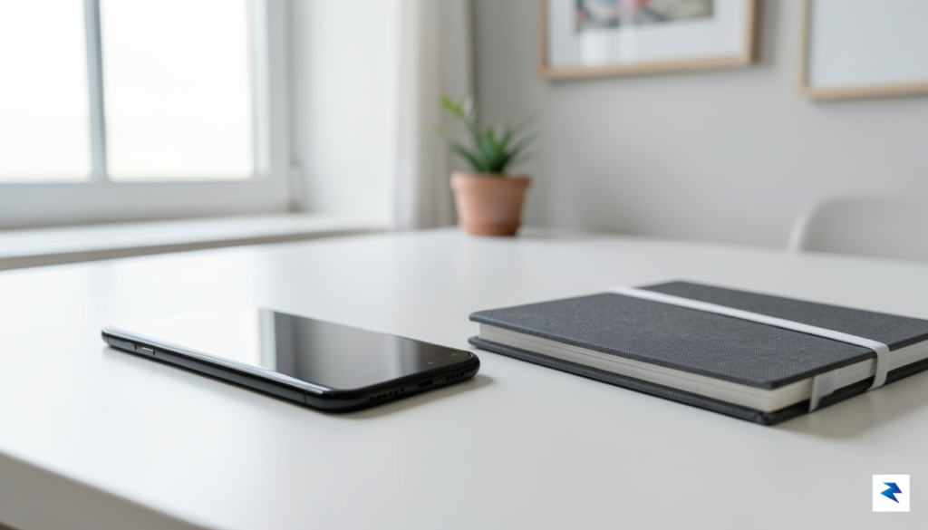 A sleek, modern smartphone resting on a minimalist desk next…
