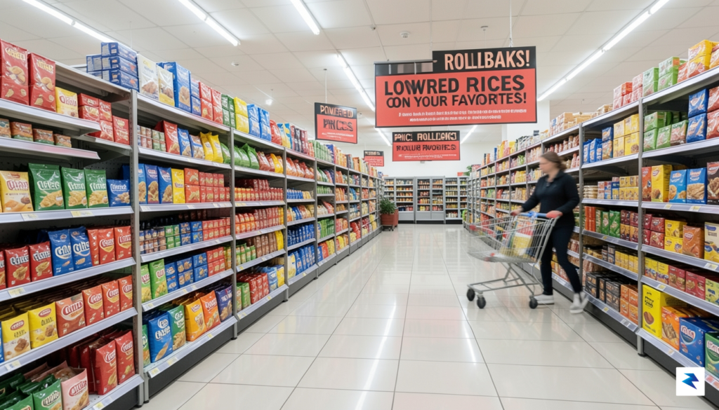 A wide-angle shot of a bright, modern grocery store aisle&hellip;