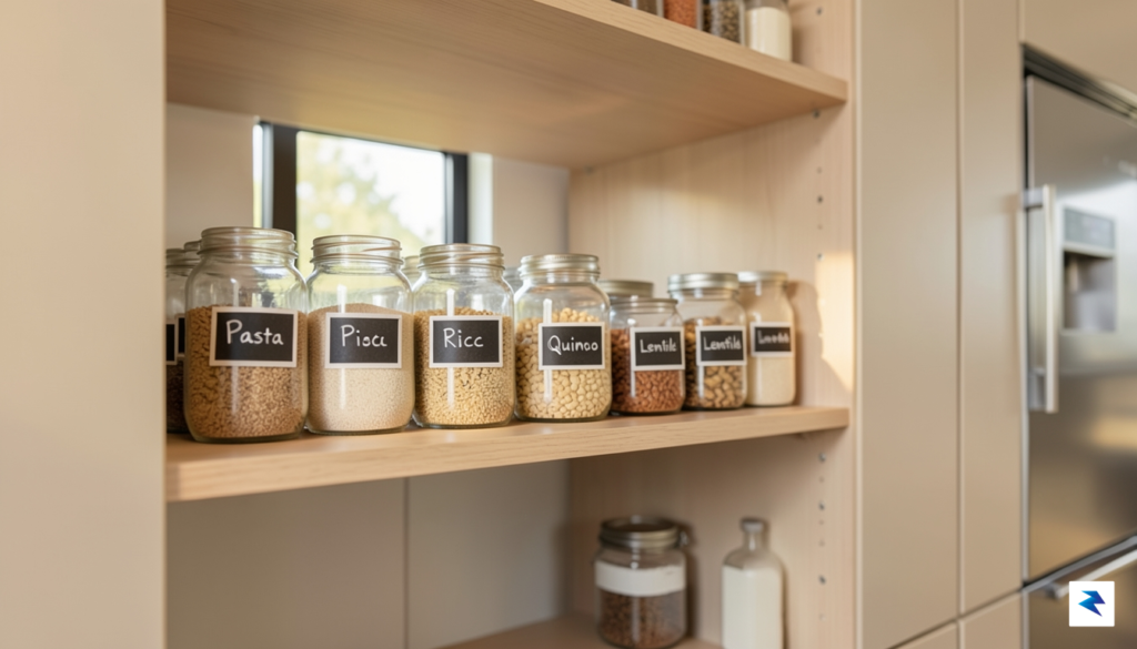 A modern kitchen pantry organized with clear glass jars and&hellip;