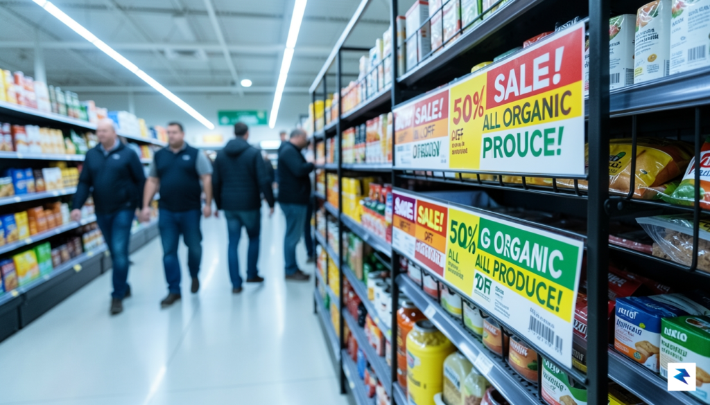 A wide-angle shot of a busy modern supermarket aisle with&hellip;