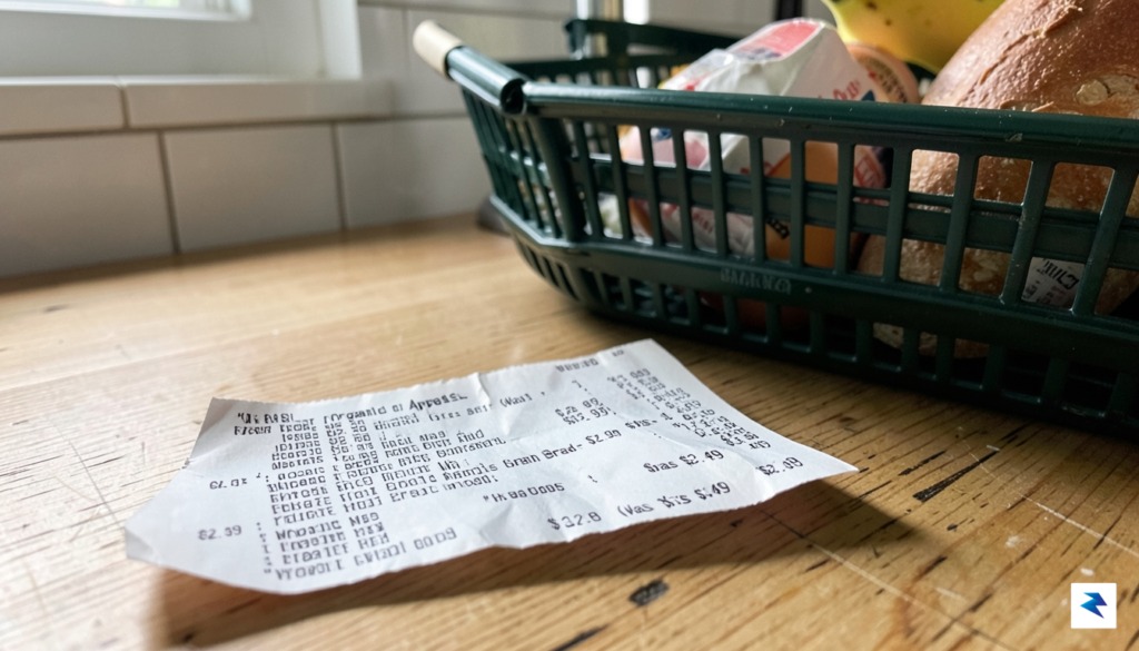 A close-up shot of a grocery receipt lying on a&hellip;