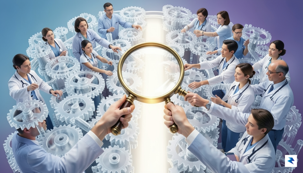 A conceptual digital illustration showing a complex maze of interconnected…