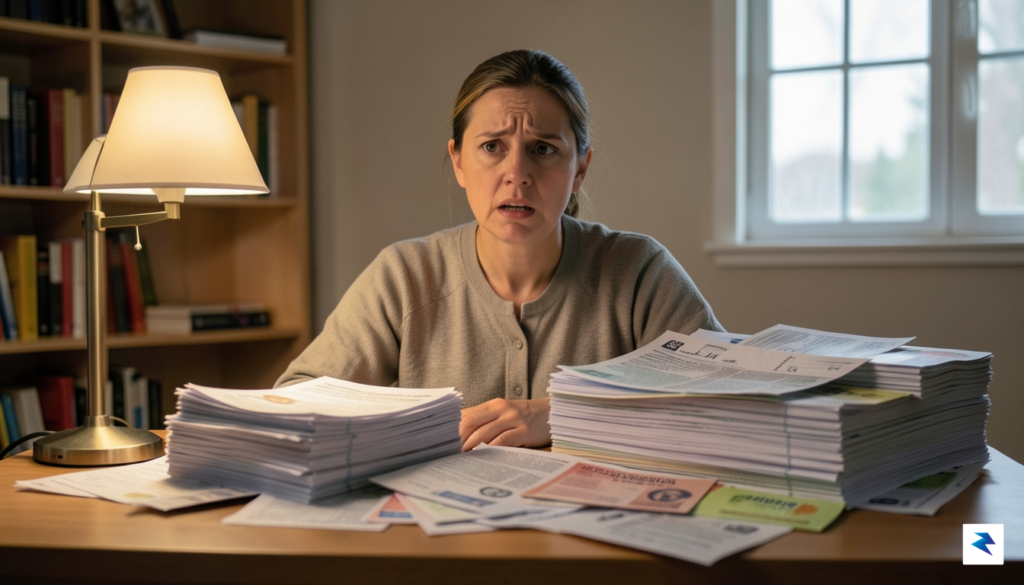 A patient looking confusedly at a stack of different medical…