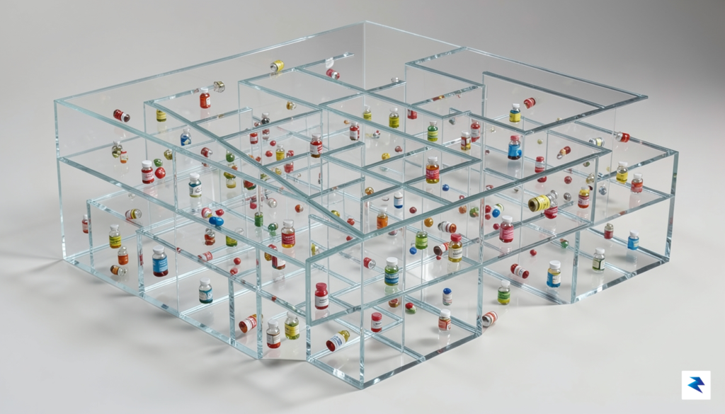 A conceptual illustration showing a complex, transparent glass labyrinth with…