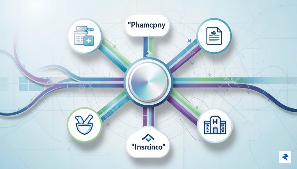 A complex, stylized infographic showing a central hub with interconnected…