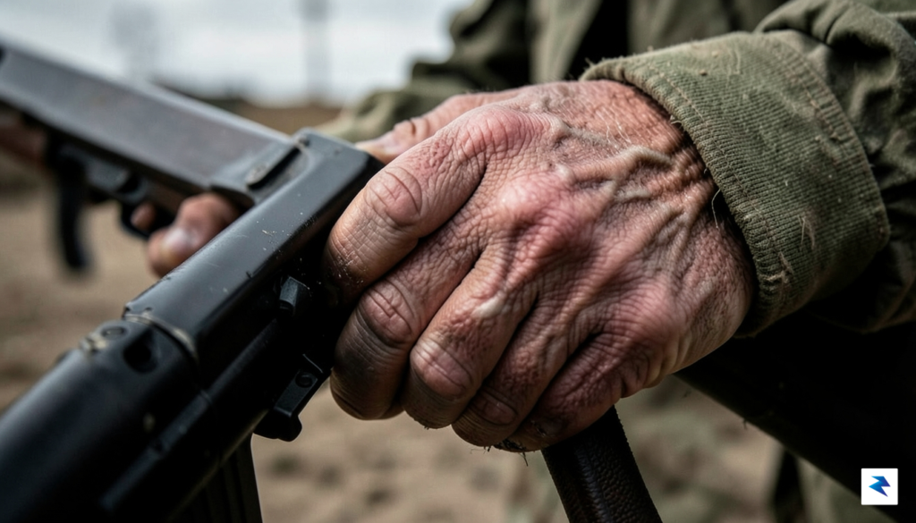 A close-up, high-detail photograph of a soldier's hand holding a…