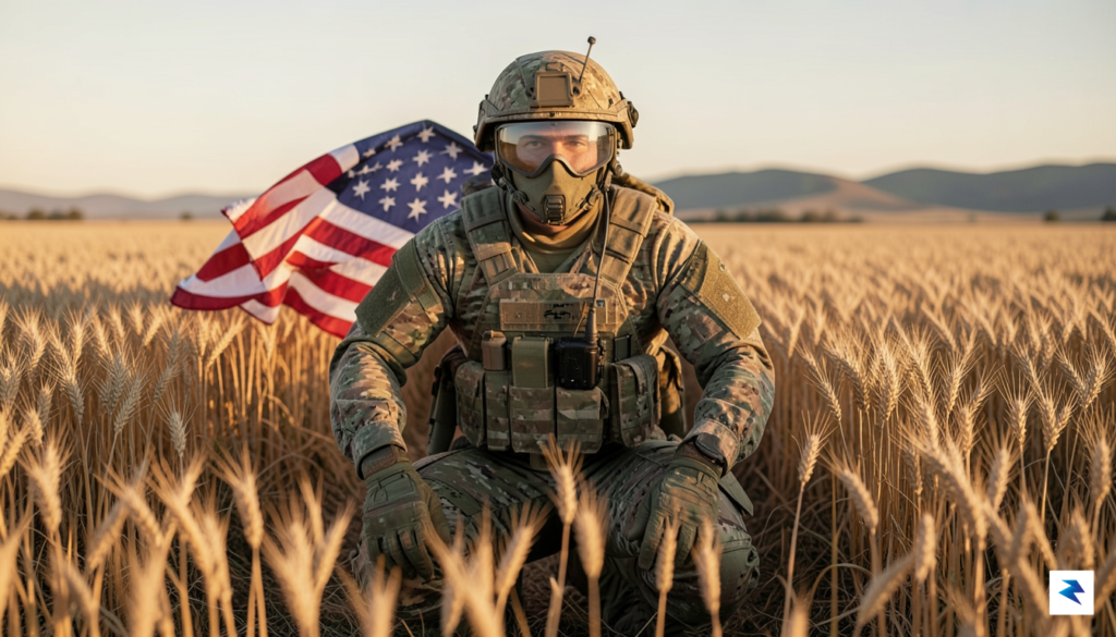 A hyper-realistic, AI-generated image of a soldier in full combat…