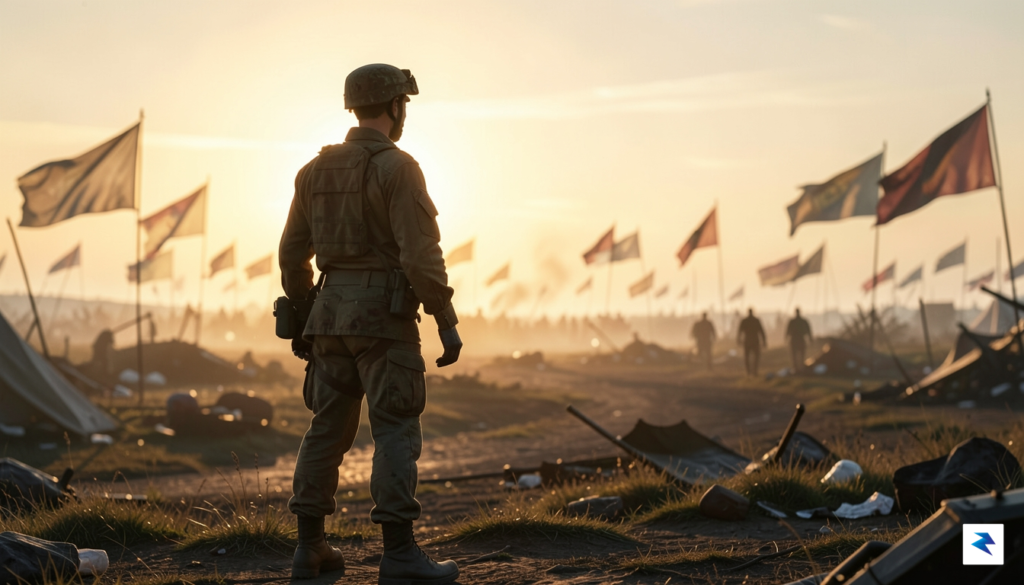 A hyper-realistic digital painting of a soldier silhouetted against a…