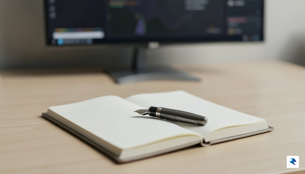 A serene, minimalist workspace featuring an open notebook and a&hellip;