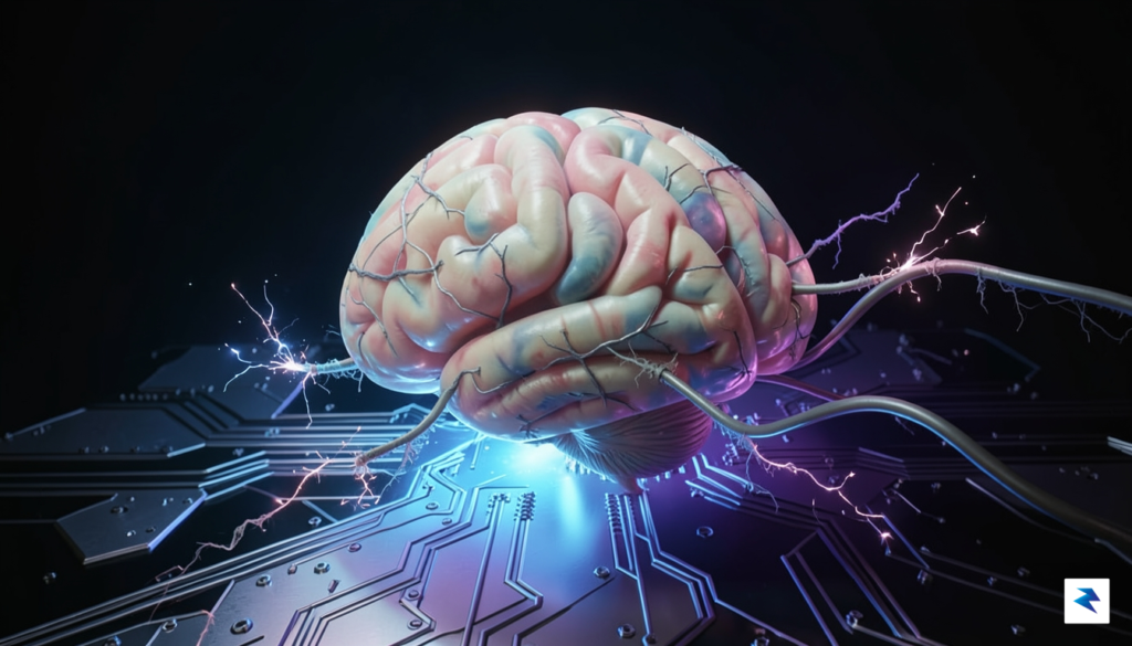 A conceptual digital art piece showing a human brain connected&hellip;
