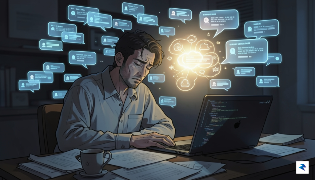 A conceptual digital illustration showing a tired person sitting at&hellip;