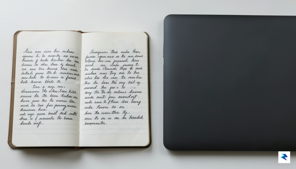 A minimalist, high-quality photograph of an open notebook with a&hellip;