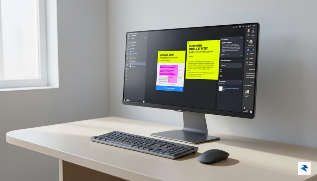 A conceptual digital illustration showing a clean, professional computer workspace…