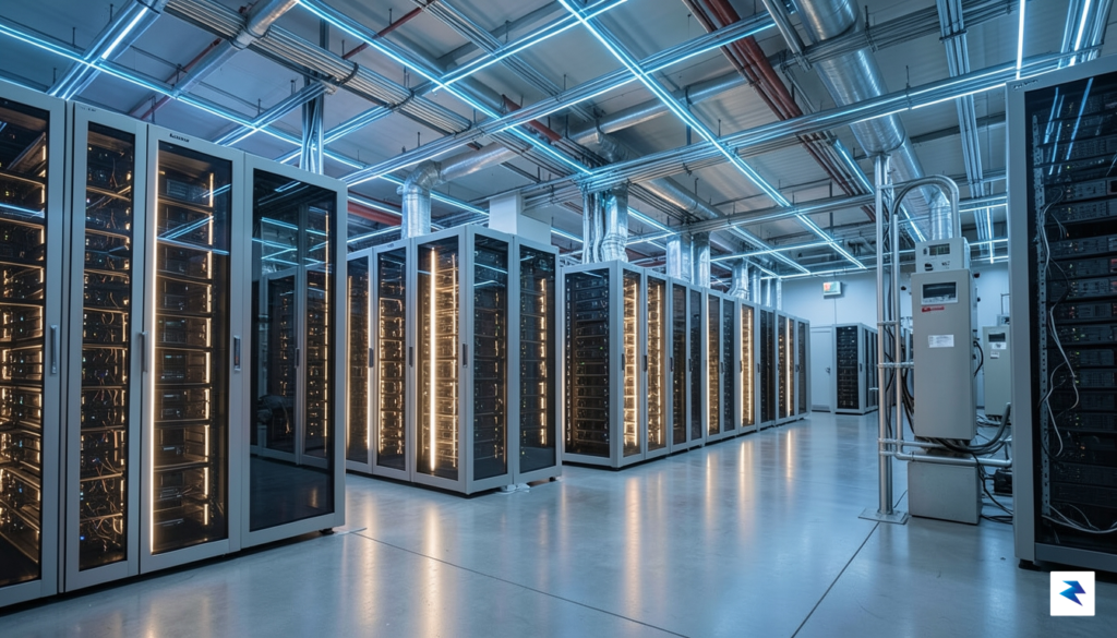 A modern, high-tech data center interior with glowing server racks,…
