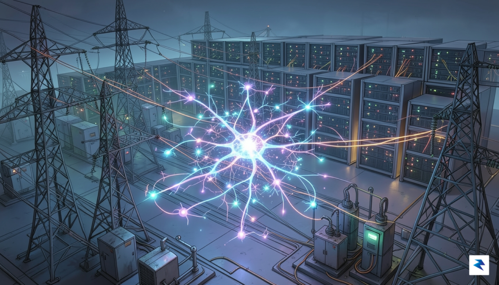 A conceptual digital illustration showing a glowing neural network connected…