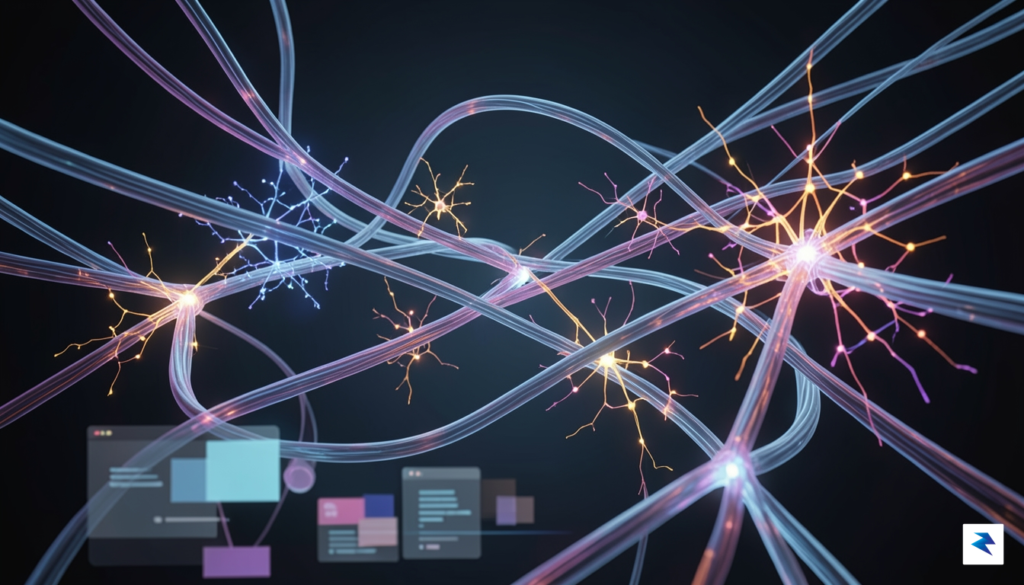 A sleek, high-tech conceptual illustration of glowing fiber optic cables…