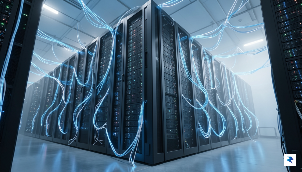 A wide-angle, cinematic photograph of a high-tech, modern data center…