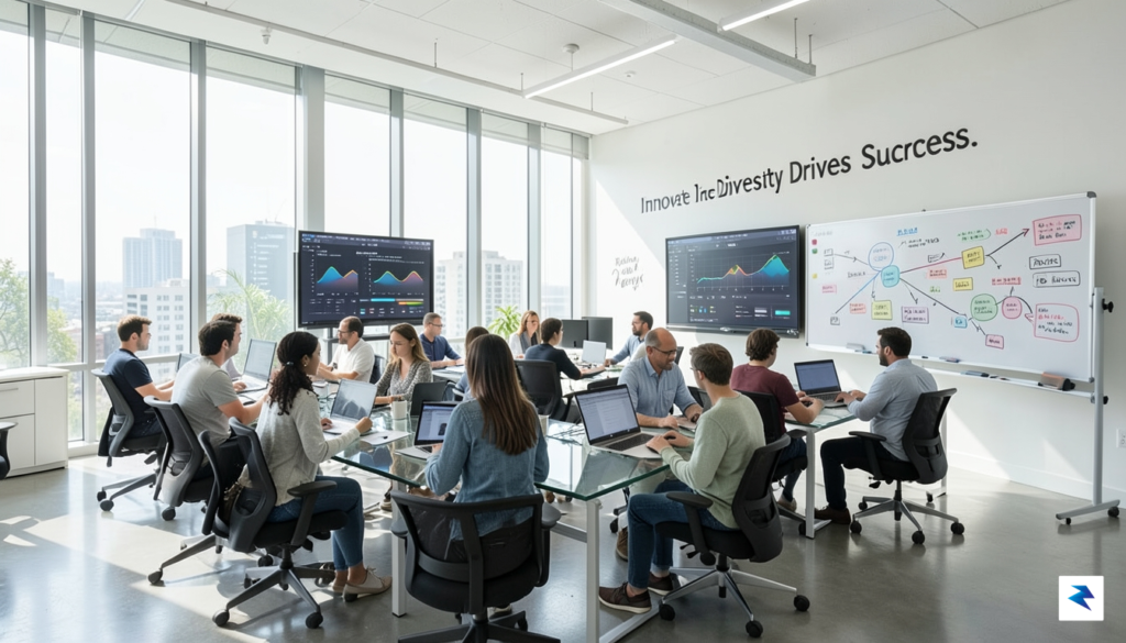 A professional, modern tech office environment where a diverse group&hellip;