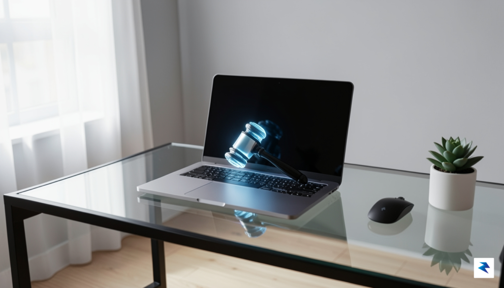 A modern, minimalist office workspace with a glowing, stylized legal&hellip;