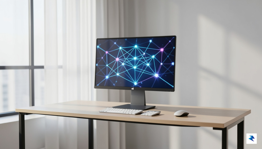 A modern, minimalist office workspace with a digital monitor displaying&hellip;