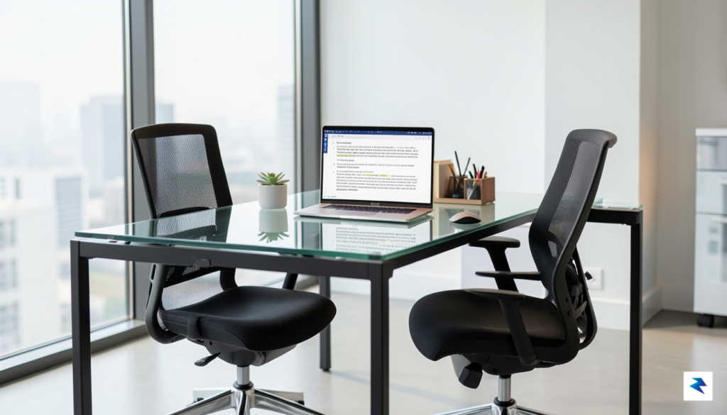 A modern, minimalist office workspace with a glowing computer screen&hellip;