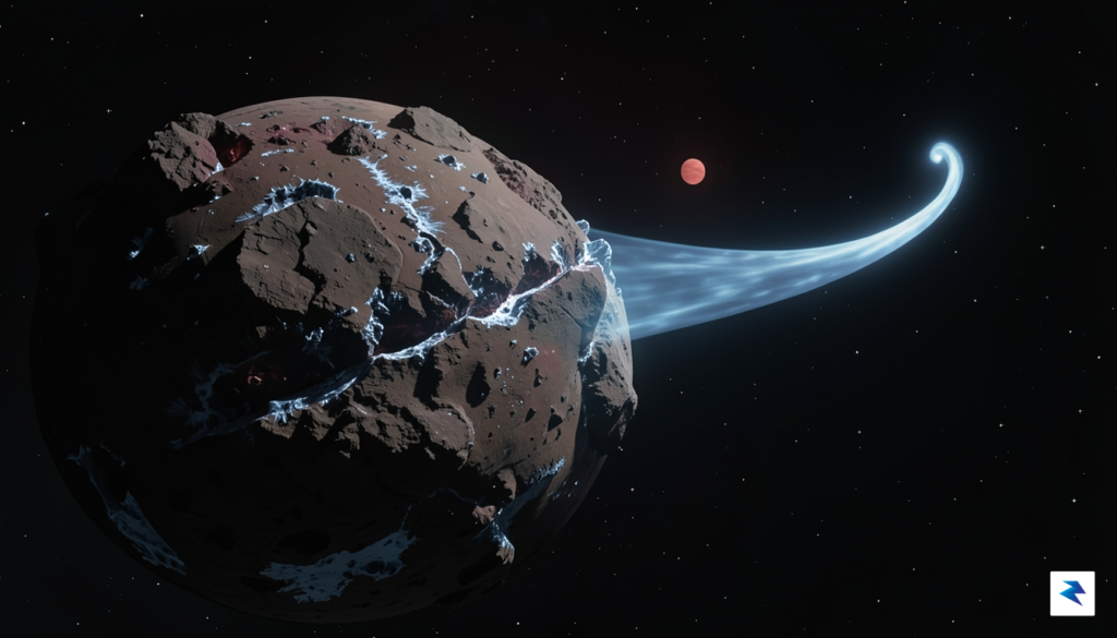 A conceptual illustration showing a rocky exoplanet with a glowing,…