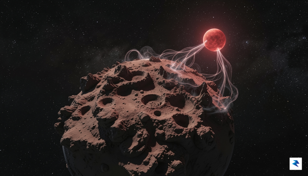An artistic depiction of a rocky exoplanet with a faint,…