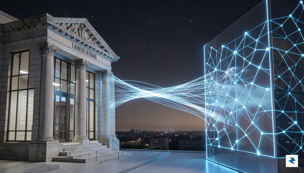 A conceptual 3D render showing a glowing digital bridge connecting…
