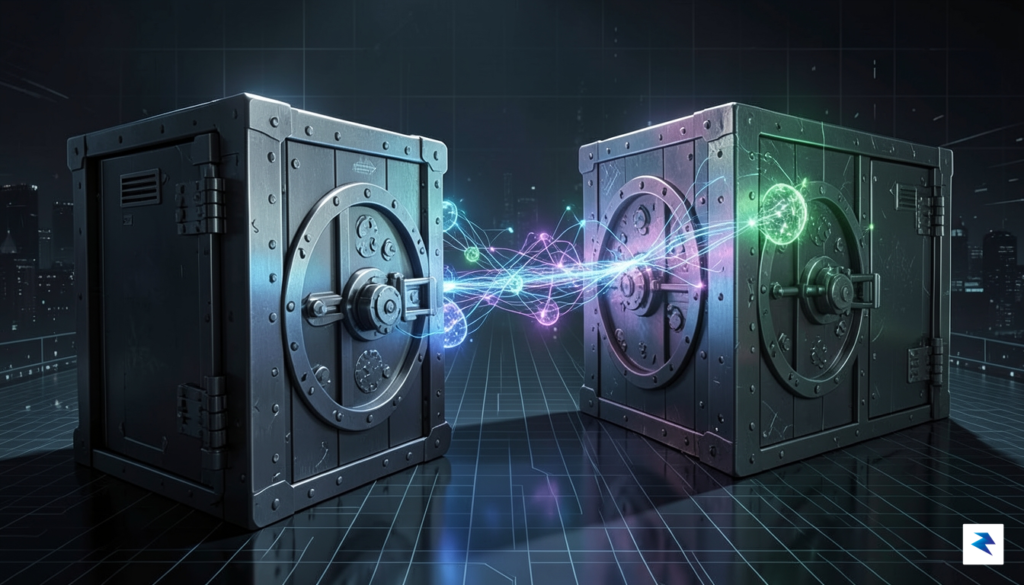 A conceptual digital illustration showing a digital bridge connecting traditional…