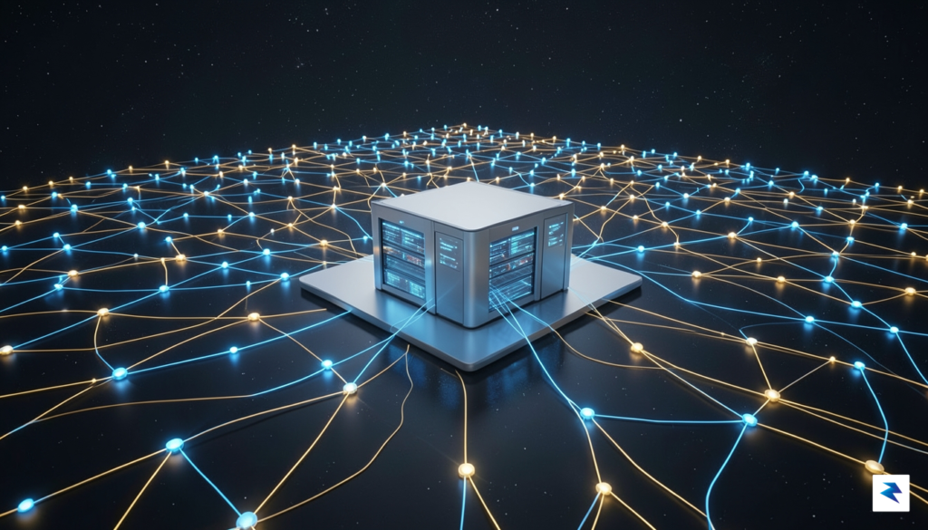 A modern, sleek data center visualization representing a global network…