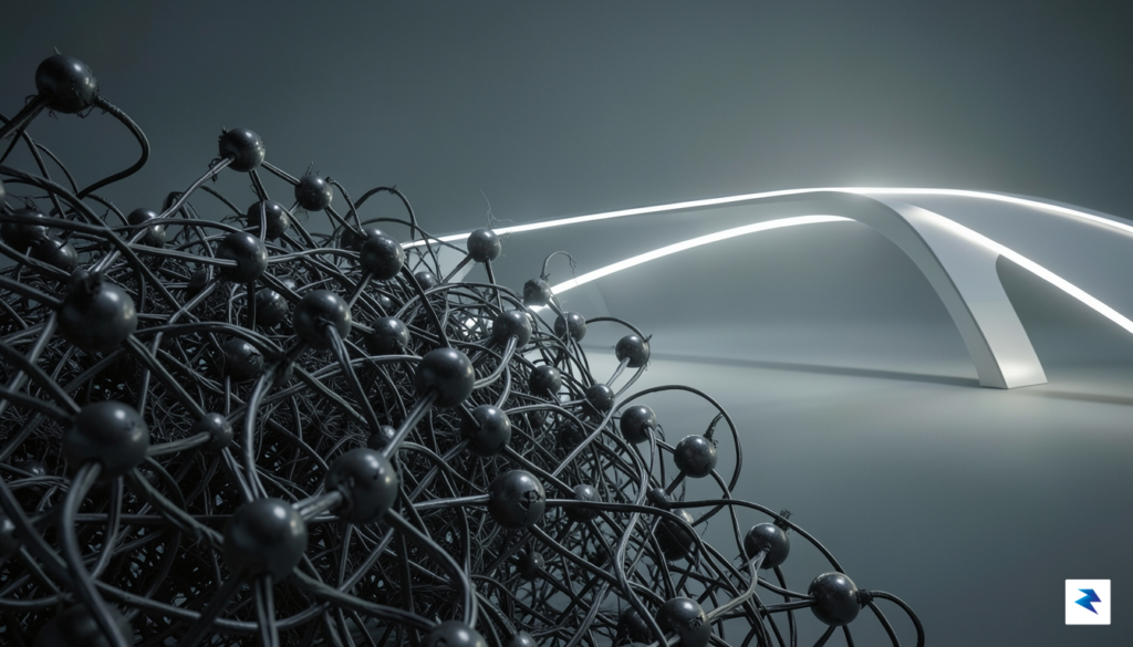 A conceptual digital illustration showing a tangled, chaotic web of…