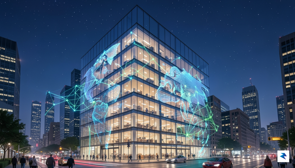 A modern, high-tech financial glass office building at night with…