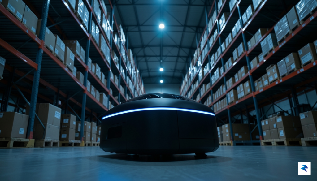 A modern, sleek autonomous freight robot navigating a dimly lit,…